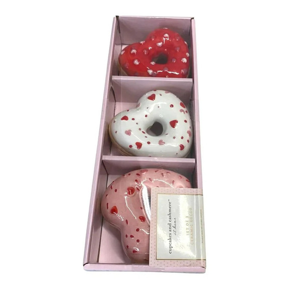 Cupcakes & Cashmere Heart Sprinkle Ceramic Donuts Set of 3 Love Valentines Decor - Picture 2 of 4